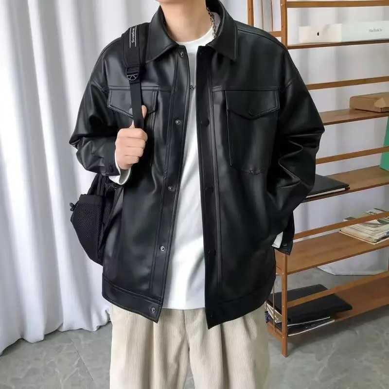 New Autumn and Winter Pu Leather Lapel Loose Retro Motorcycle Suit Mens Casual Windproof JacketT251029