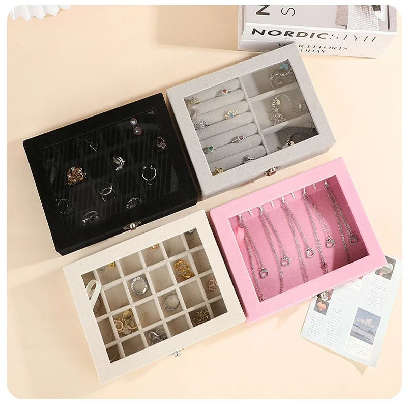 Jewelry Storage Box with Transparent Flip Cover Ring Earring Necklace Bracelet Display Case Velvet Show Prop 251013