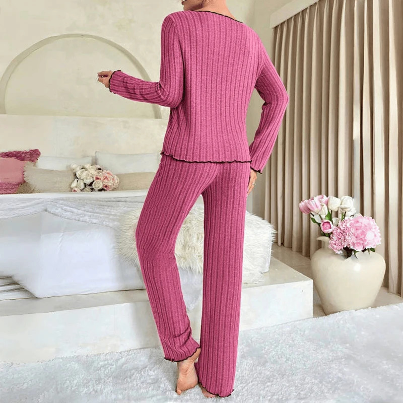 Women Autumn Winter Sleepwear Ribbed Pajamas Set Long Sleeve Top and Pants 2 Piece Casual Homewear Loungewear 251029