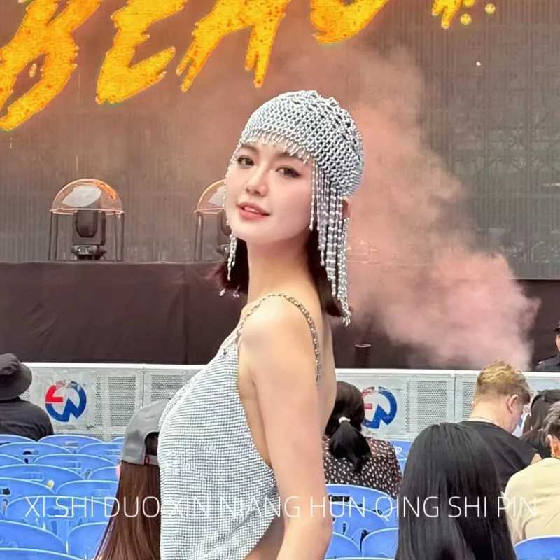 New European and American fashion stage super flash fringed hat personality exaggerated design evening dress exotic performanceW251029