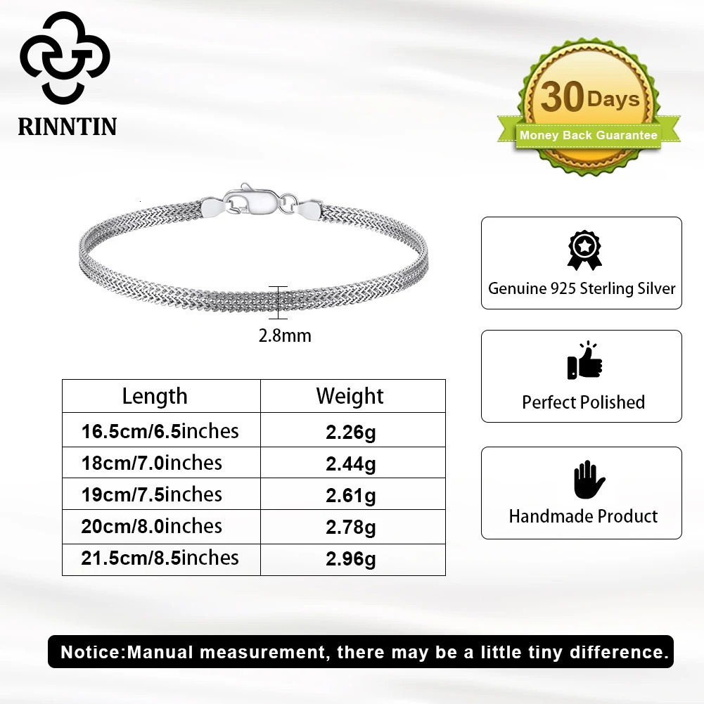 Rinntin 925 Sterling Silver 28mm Flat Mesh Chain Bracelets HightQuality Bangle Chain Simple Women Men Daily Accessories SB216 251028