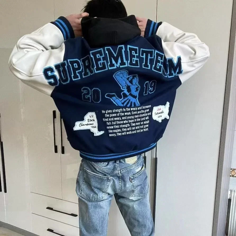 Embroidery Baseball Jacket for Men Streetwear Varisity Splicing PU Leather Sleeves Women Bomber Unisex Clothes 251028