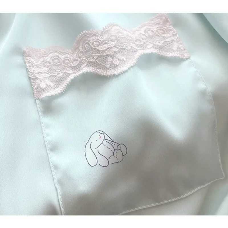 Bear Print Pajamas Women Cool Ice Silk Short Sleeve Pants Loungewear Cardigan Lace Fall and Winter TwoPiece Set Plus SizeT251029