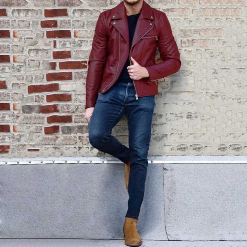 New Jacket Fashion Autumn Winter Men Leather Long Sleeve Lapel Clothing Casual Loose Male Fit Motorcycle Jacket Coat with ZipperT251029
