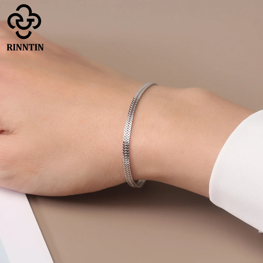 Rinntin 925 Sterling Silver 28mm Flat Mesh Chain Bracelets HightQuality Bangle Chain Simple Women Men Daily Accessories SB216 251028