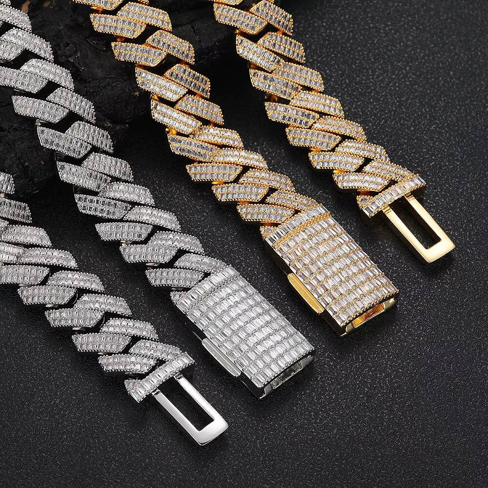 New Style 20mm Baguette Cubic Zirconia Prong Cuban Chain Necklace in White Gold Iced Out Hip Hop Jewelry Cuban Link Chain