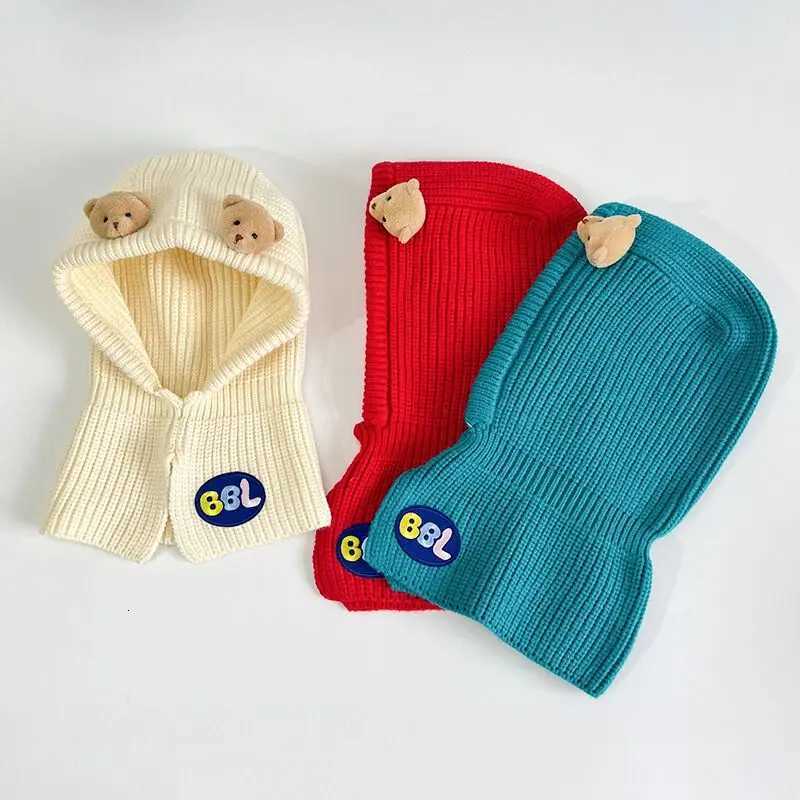 Cute Bear Kids Balaclava Knit Hat Cartoon Baby One Piece Scarf Cap 16Year Boy Girl Winter Warm Hooded Beanie Children Headgear251028
