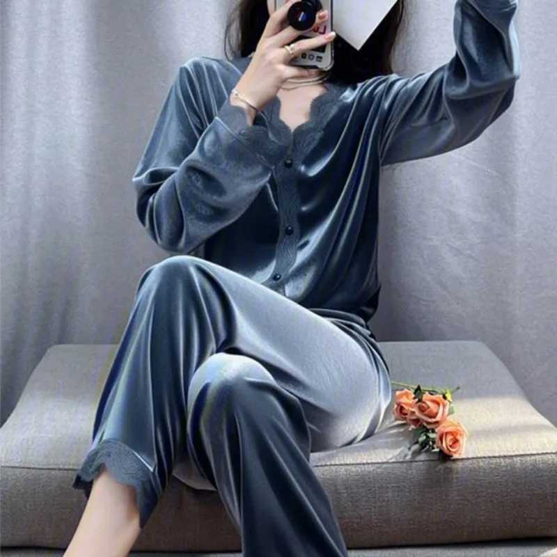 Pleuche Simple Vneck Pajamas Womens Spring Autumn Sleepwear Suit Winter Loungewear Wear 2024 New Solid Color Lace HomewearT251029