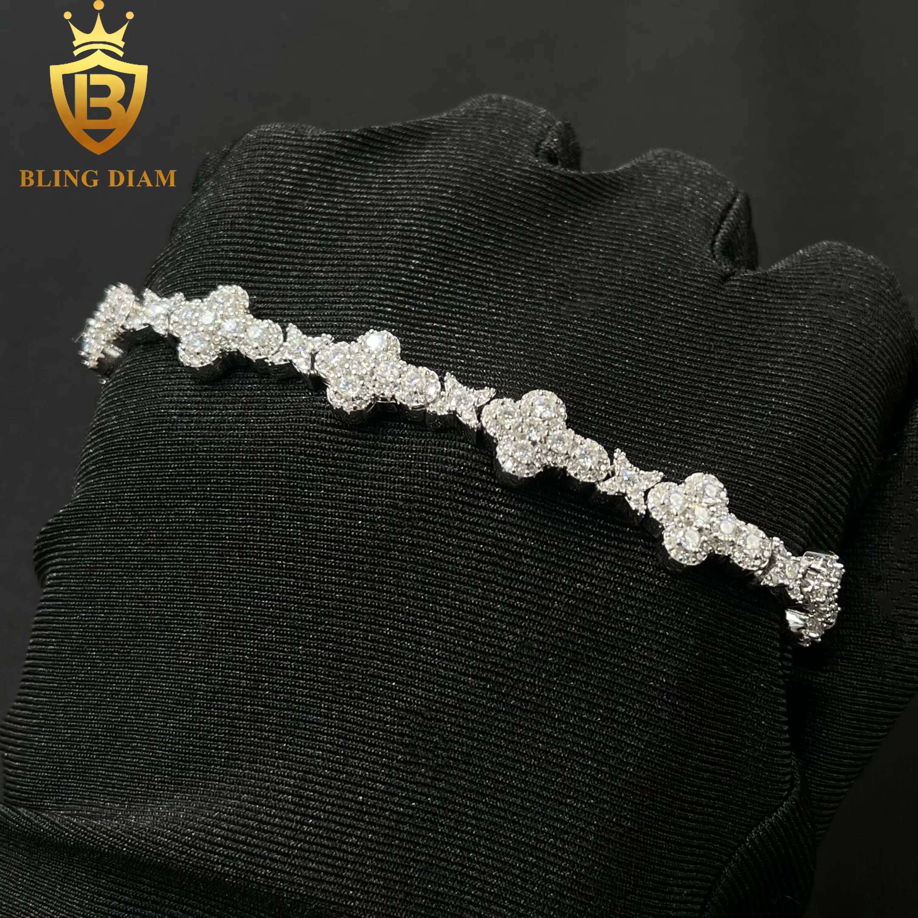 Hip Hop Jewelry 925 Silver Diamonds Moissanite Cuban Link Chain 10mm Flower Cross for Women Men Bracelets