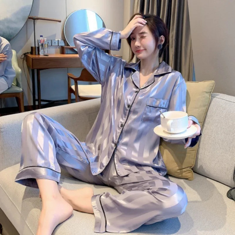 Striped Satin Pajamas Women Jacquard Loungewear Long Sleeve Trousers TwoPiece Set Solid Color RollNeck Cardigan Sleepwear 251029