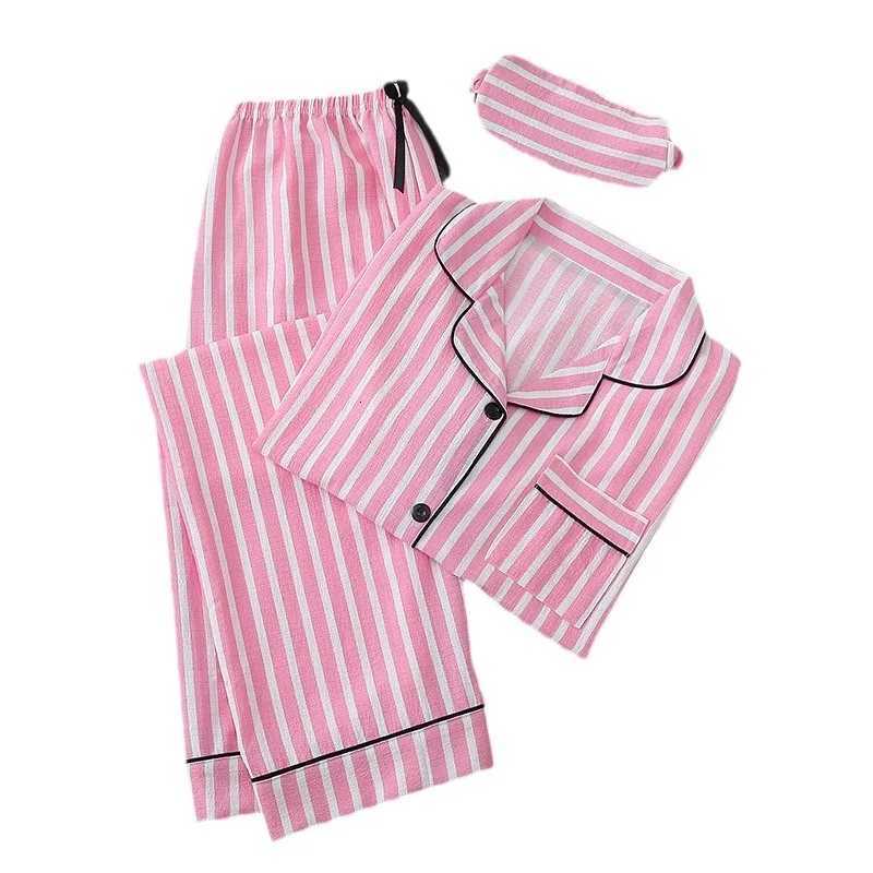 Sexy Sleepwear Women Plus Size Pink Striped Pajamas Bubble Crumpled Cotton Student Loungewear Long Sleeve Long Pants NightwearT251029