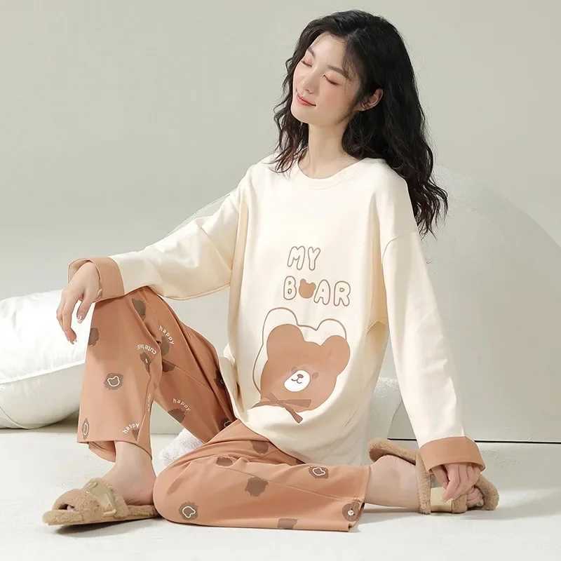 Fall and Winter Womens Nightwear Plus Size Cartoon Bear Student Pajamas Homewear Ladies Long Sleeves Plaid Pants SleepwearT251029