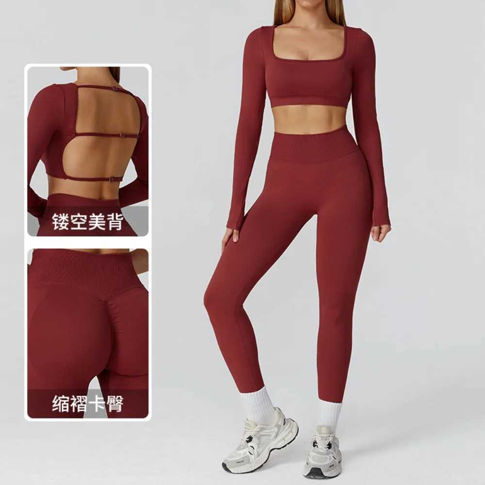 New Winter Seamless Long Sleeve Sports Suit Hollow Back Tops Leggings 2PCS Yoga Sets Padded Gym Shirt Shorts Running TracksuitsXJ251029