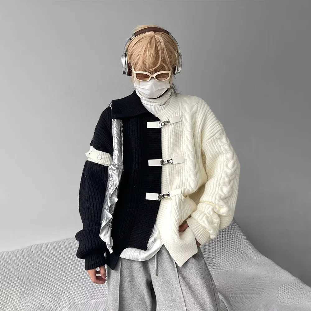 Sweater Men Y2k Splicing Button Knitted Jacket Niche Streetwear Soft Knitwear Autumn Personality Youthful Casual Mens Clothing J251029