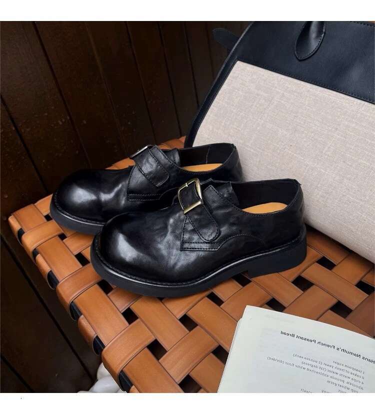British Thick-Soled Leather Shoes New Belt Buckle Slip-On Loafers Designer Shoe Women's Style