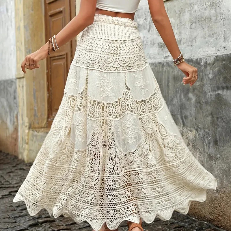 Boring Honey French Retro Classical Skirts Hollow Out Knitting Big Swing Skirt Summer Fashion AllMatch High Waist Dress 251028