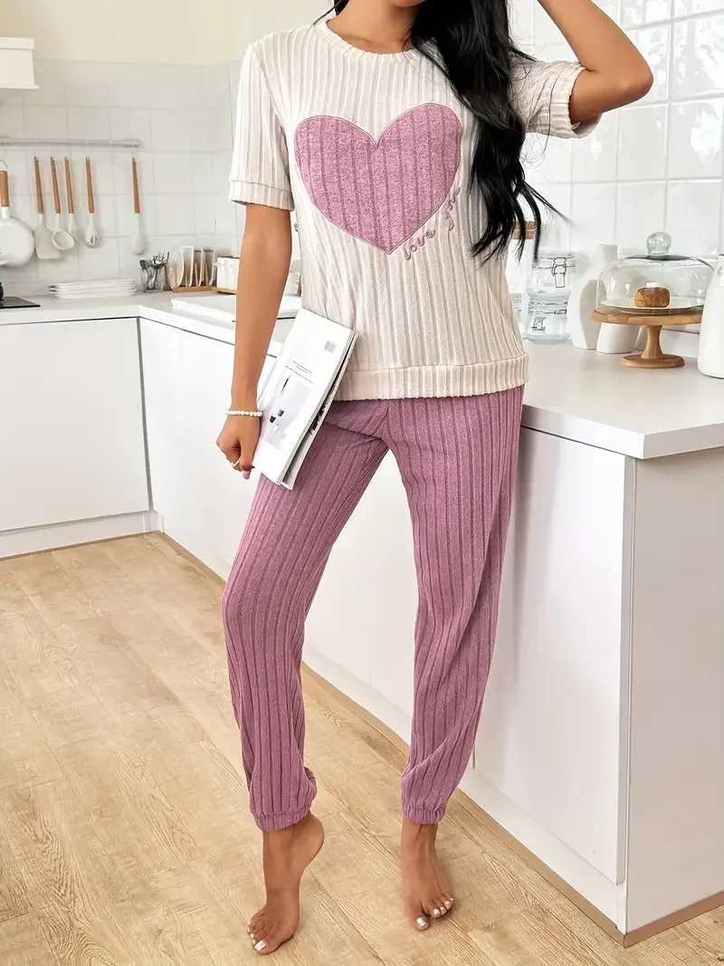 Autumn Winter TwoPiece Pajamas Set for Women Sleepwear Heart Letter Print Round Neck Short Sleeve Tops Long Pants Home WearT251029