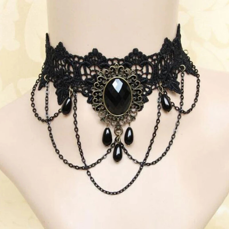 Sexy Gothic Chokers Crystal Black Lace Neck Choker Necklace Vintage Victorian Women Chocker Steampunk Jewelry 251029