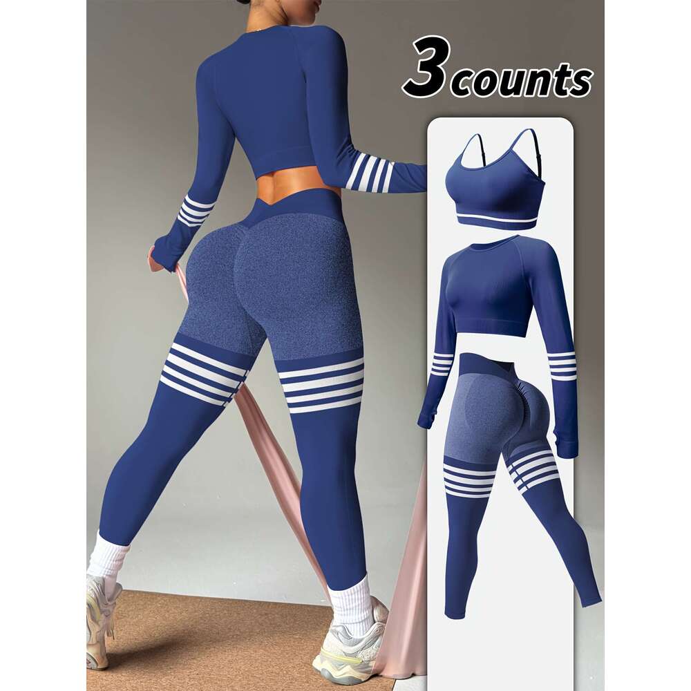 Three-Piece Set Women's Seamless Striped Color Block Sports Bra Long Sleeve Pants High Elasticity Light Beige-Friendly Moisture-Wicking Quick-Dry