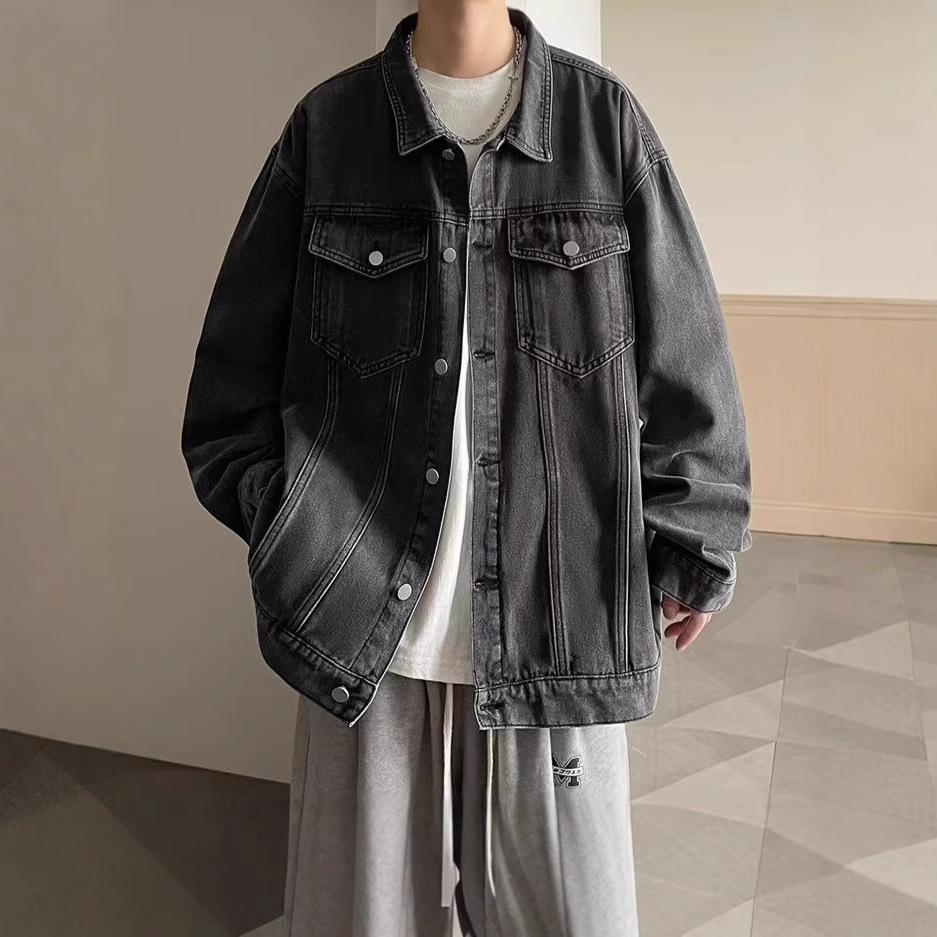 Men's Denim Jacket Spring Autumn Trendy American High Street Jacket Men's Turn-down Designer Jacket Collar Cool Loose Casual Coat Top
