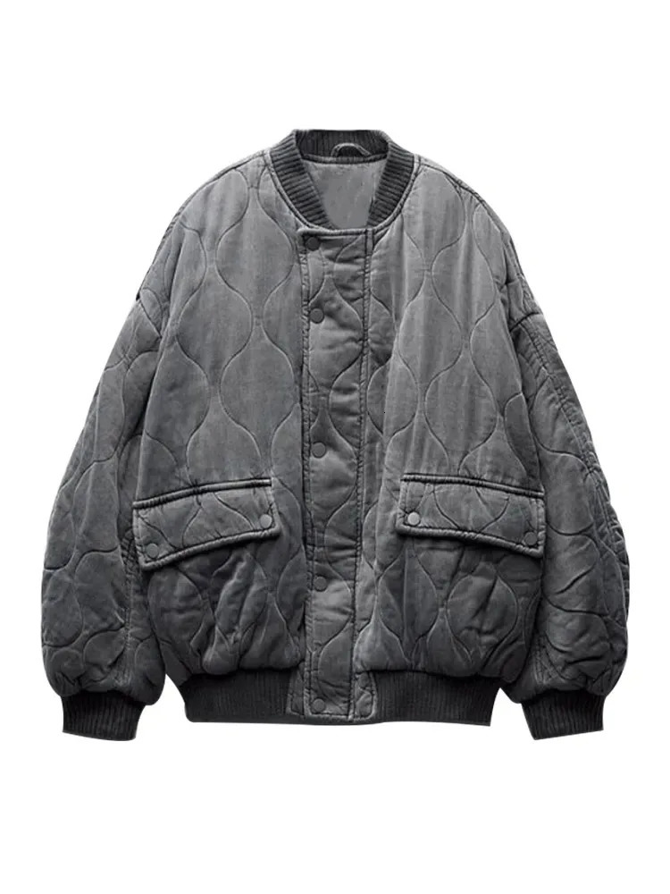 Womens Cotton Round Neck Jacket Coat Warm Loose Zip With Button Grey Fashion Vintage 251017