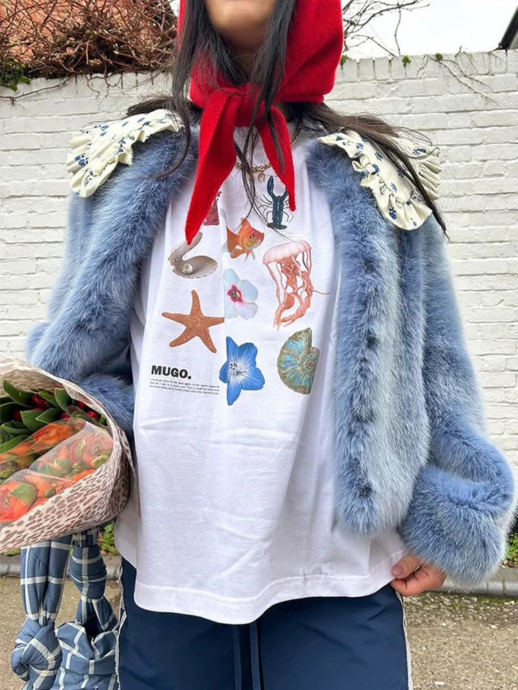 Street Faux Fur Peter Pan Collar Patchwork Women Coat Fashion Long Sleeve Button Female Jacket 2025 Autumn Winter Lady Jacket 251029
