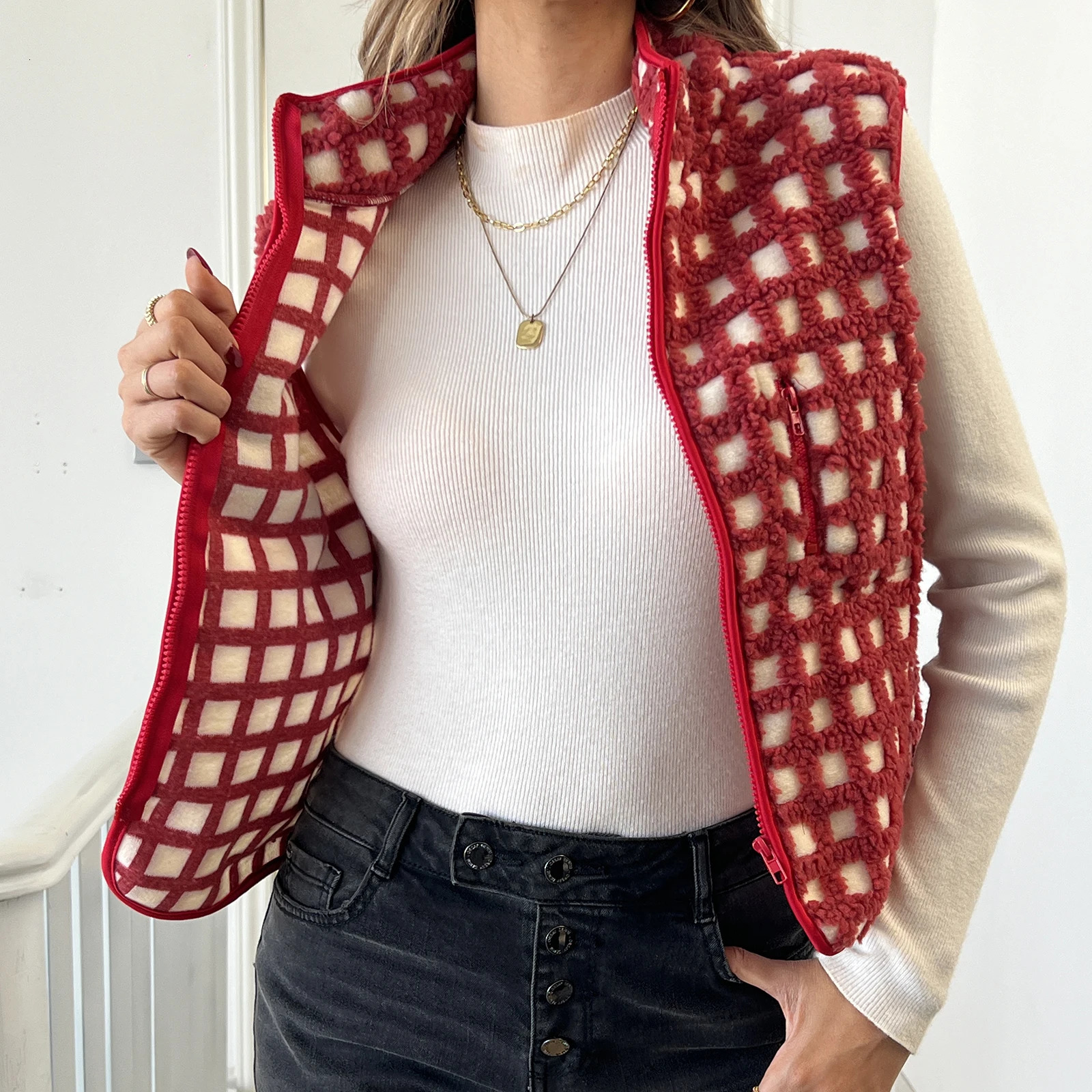 Womens Fuzzy Checkered Vest Sleeveless Stand Collar Zip Up Vest Jacket Loose Spring Fall Warm Outwear 251029