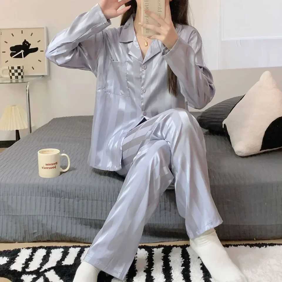 Women Pajamas Striped Pijama Sets Silk Satin Female Home Clothes Sleepwear Longsleeve Shirt Pants Homewear Shirt Pants LoungeweaT251029