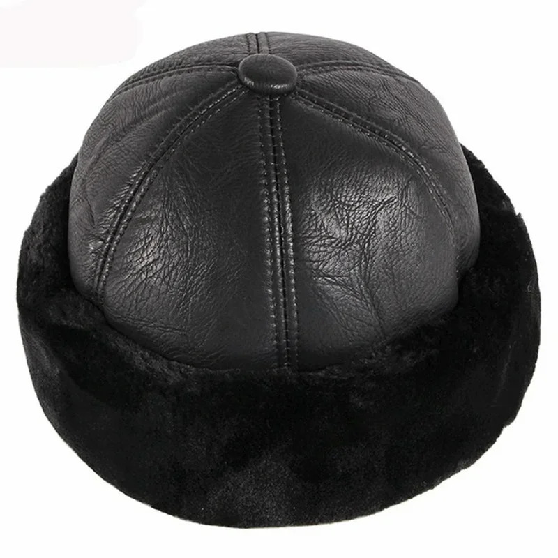 Thick Outdoor Warm Winter Hat Men Black Fur Leather Russian Male Windproof Snow Ski Cap Fleece Lined 251029
