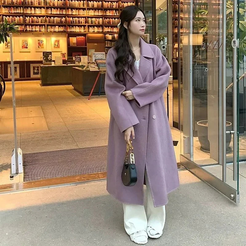 Autumn Winter Women Sweet Elegant Purple Apricot MidLong Coat Jackets Lady Chic Ins Korean Style Daily Thermal Woolen Coat 251029