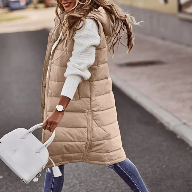 Womens Fashion Hood Long Coat Vest Autumn Winter Warm Sleeveless Jacket Waistcoat Solid Color Single Breasted Outwear 251027