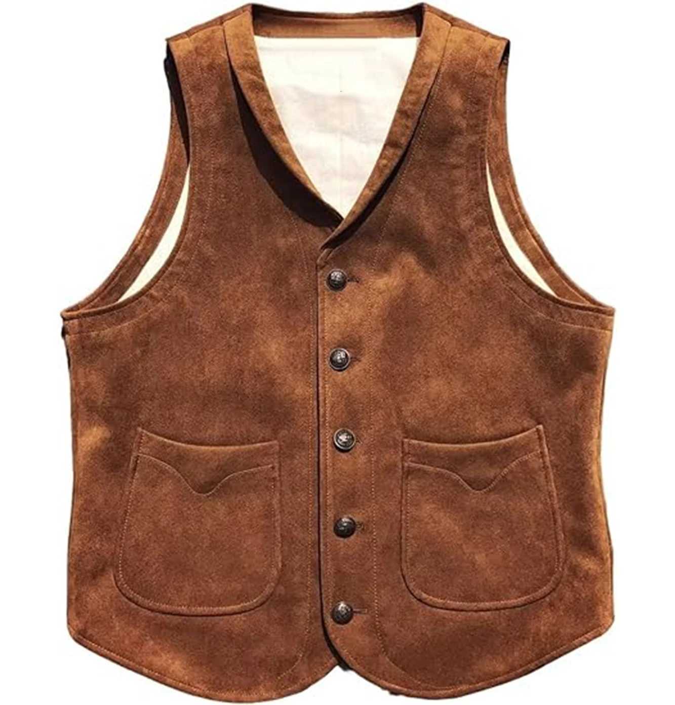 Mens Suede Leather Vest Cowhide Waistcoat Man Western Cowboy Vests with Pockets W251029