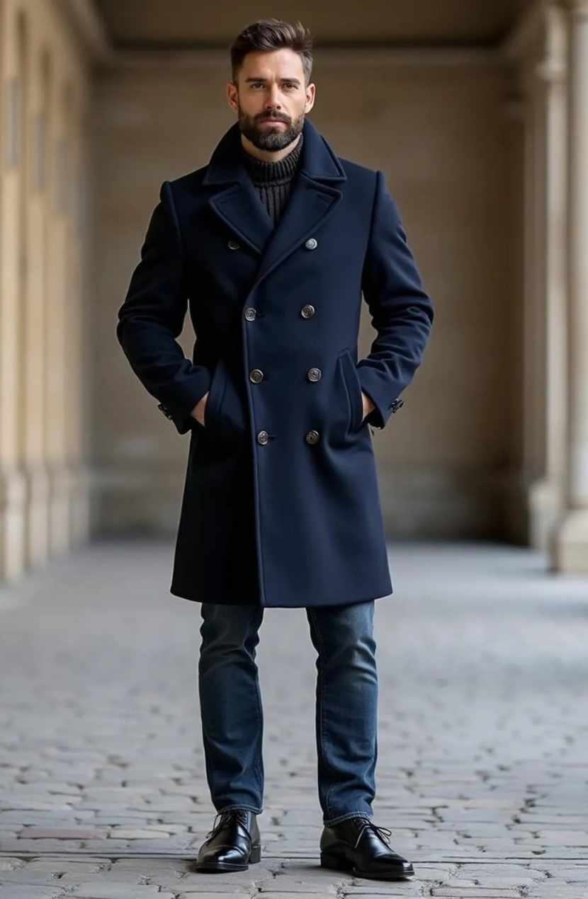 Classic Men's Overcoat Double-Breasted Wool Blend Long Coat Autumn Winter Street Fashion Outdoor Warm Customized trajes para hombre