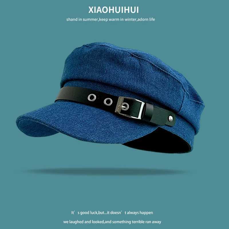 New Blue Denim Flattop Beret Womens Spring and Autumn Retro Versatile Leather Buckle British Sunshade Casual Newsboy Cap