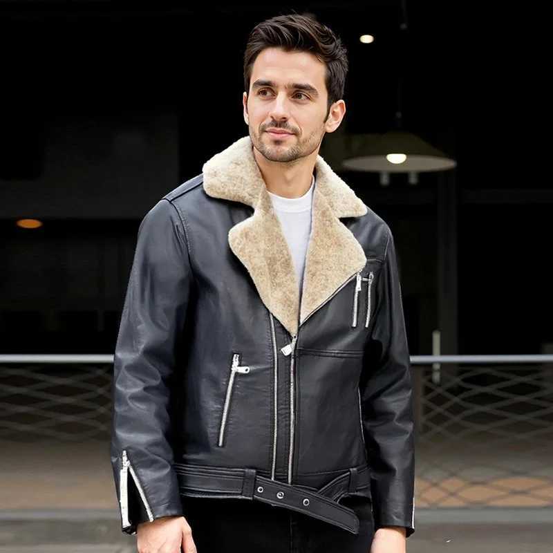 Thickfibered fur coat for men Fur leather integrated Washed PU leather jacket for men thick and suitable for motorcycle wearT251029