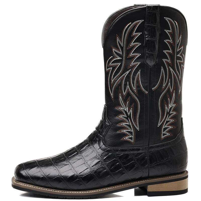 Retro wide toe Western cowboy high-quality Men's Male shoes adult embroidery Mid-Calf boots Knight Cowboy Boots 2025