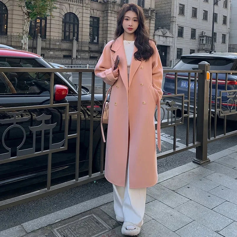 100 Wool Coat Womens Wear AutumnWinter Fashion Temperament Double sided Cashmere Coats with Belt Elegant Long Overcoat 251028