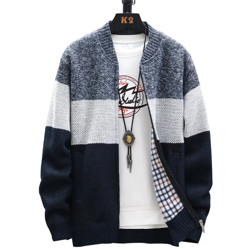 Autumn Winter Cardigan Sweater Men Fleece Zipper Sweaters Velvet Contrast Striped Sweater Coats Casual Jackets 251029