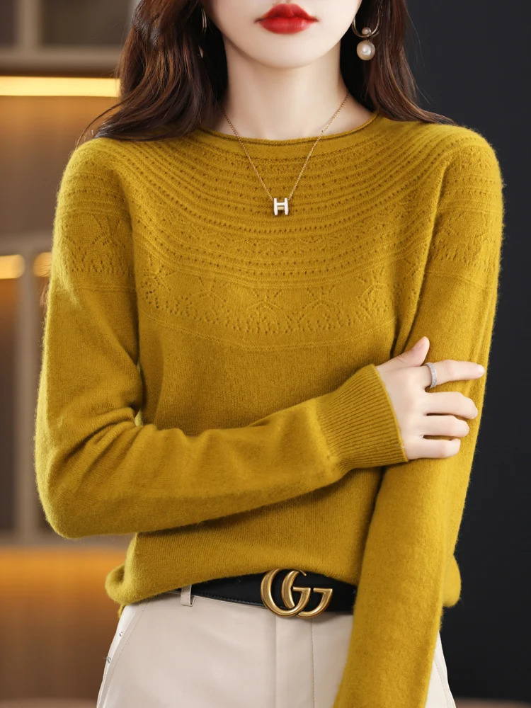 Women 100 Merino Wool Sweater Autumn Winter Pullovers ONeck Hollow Cashmere Knitwear Female Basic Bottoming Clothing Tops 251029