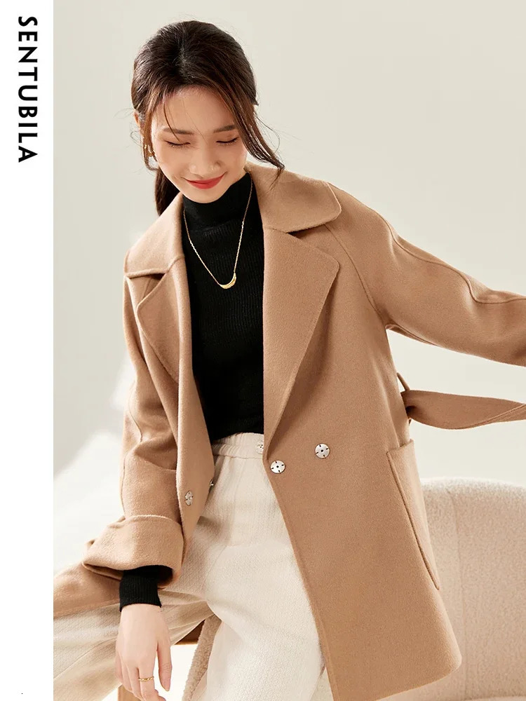 SENTUBILA Women Winter Wool Coats Elegant TurnDown Collar DoubleFaced Open Stitch Overcoat Commute Coat For Woman W24O42199 251029