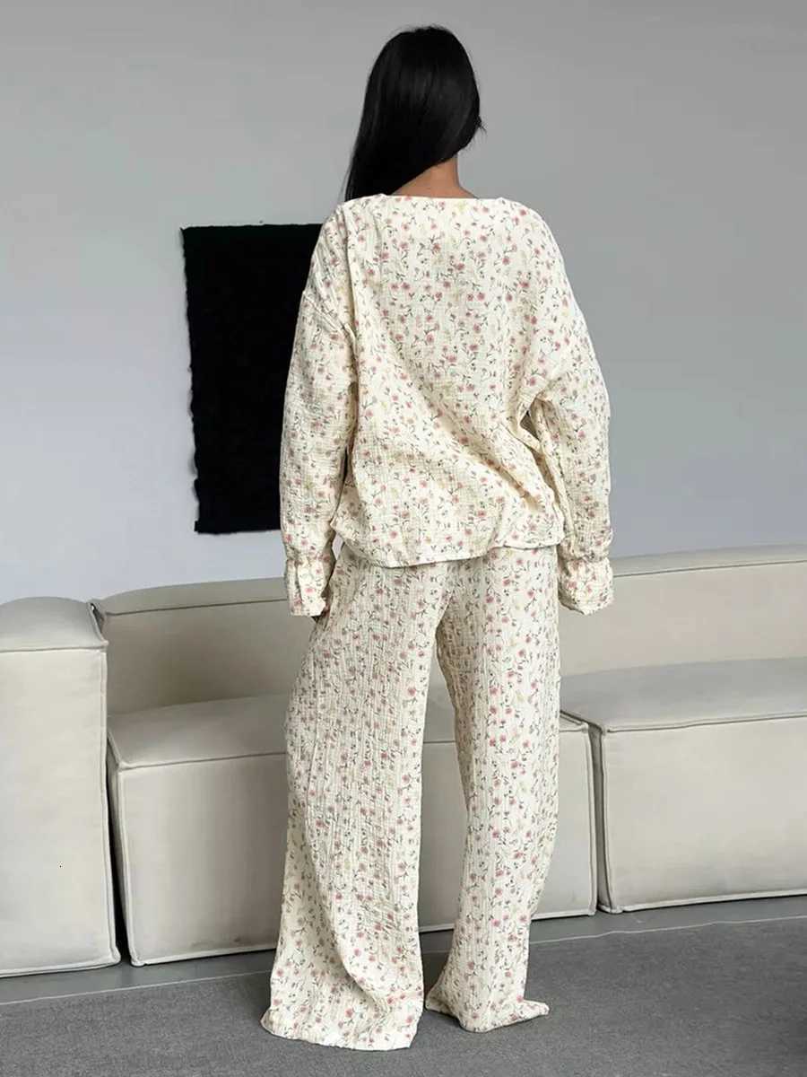 Muzuleva 100 Cotton Printed Cardigan Pajama Set Womens New Autumn Long Sleeved Pants Pajamas Loose Home Clothing 2piece SetT251029