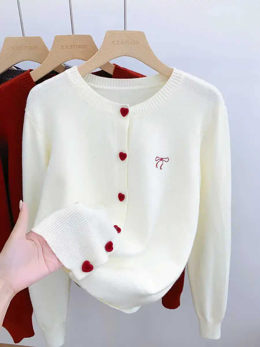 2025 Bow Embroidery Knitted Cardigan Women ONeck Single Breasted Heart Button Sweater Korean Casual Solid Tops Woman Clothes 45T251028