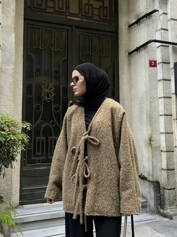 Women Fashion Casual Knitted Cardigan Autumn and Winter Loose Solid Color VNeck Tie Coat Retro Long Sleeve Jacket 251028
