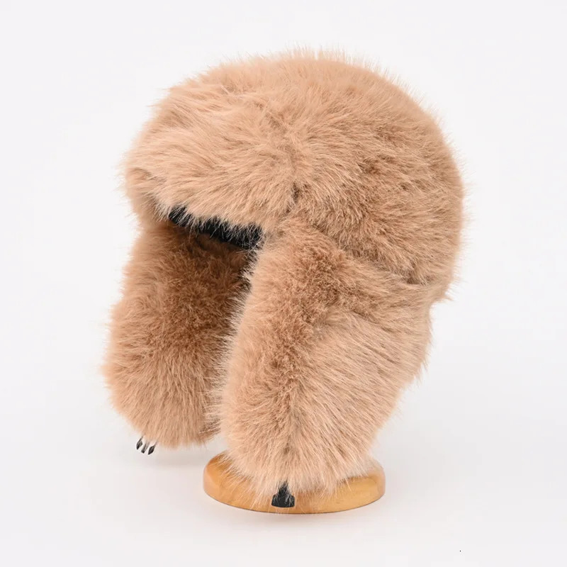 Fashion Women Plush Fluffy Bomber Hats Y2K Blue Marten Fur Windproof Warm Ear Protection Ski Hat Winter Beanies Hat 251029