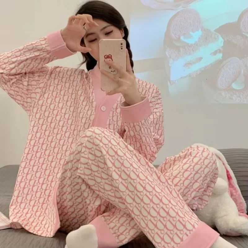 Autumn Winter Pajama Women Cute Sweet Knitted Cotton Long Sleeve Cardigan Plus Size Set Ladies Daily Comfort Pajamas Home WearT251029