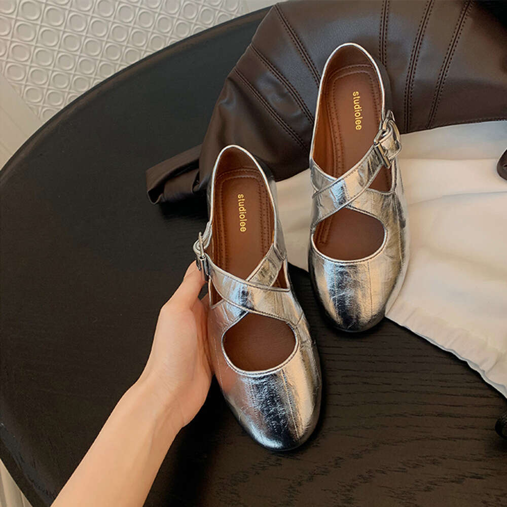 Silver Round Toe Genuine Leather Designer Shoe Women's Studiolee 2025 New Cross Strap Mary Jane Soft Insole Non-Slip Shallow Mouth Flat Single Sh