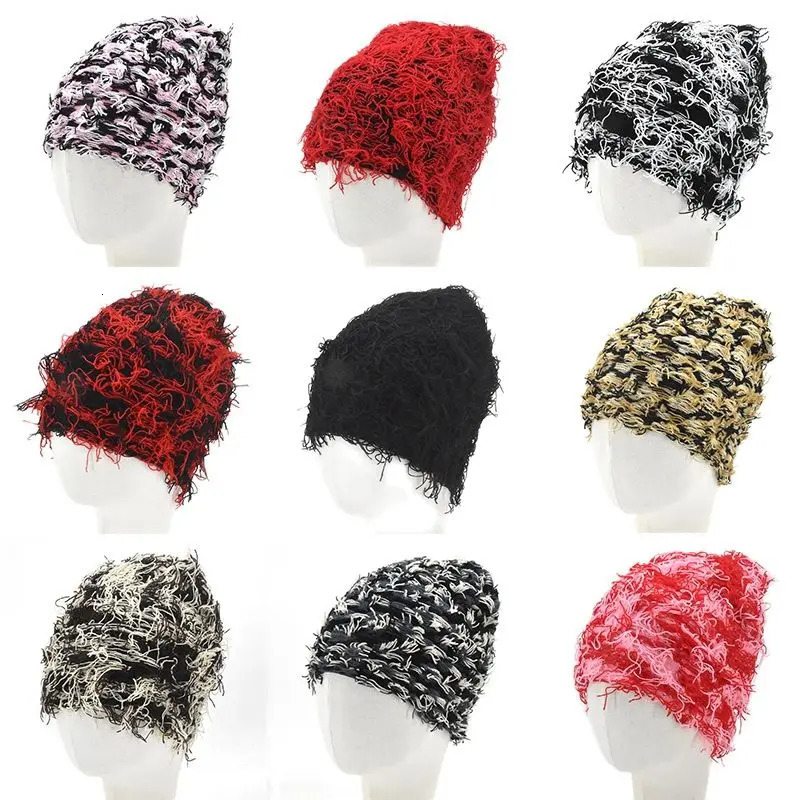 Hip Hop Balaclava Distressed Knitted Caps Mask Women Outdoor Camouflage Fleece Fuzzy Ski Balaclava Beanies Women Men Hat 251029
