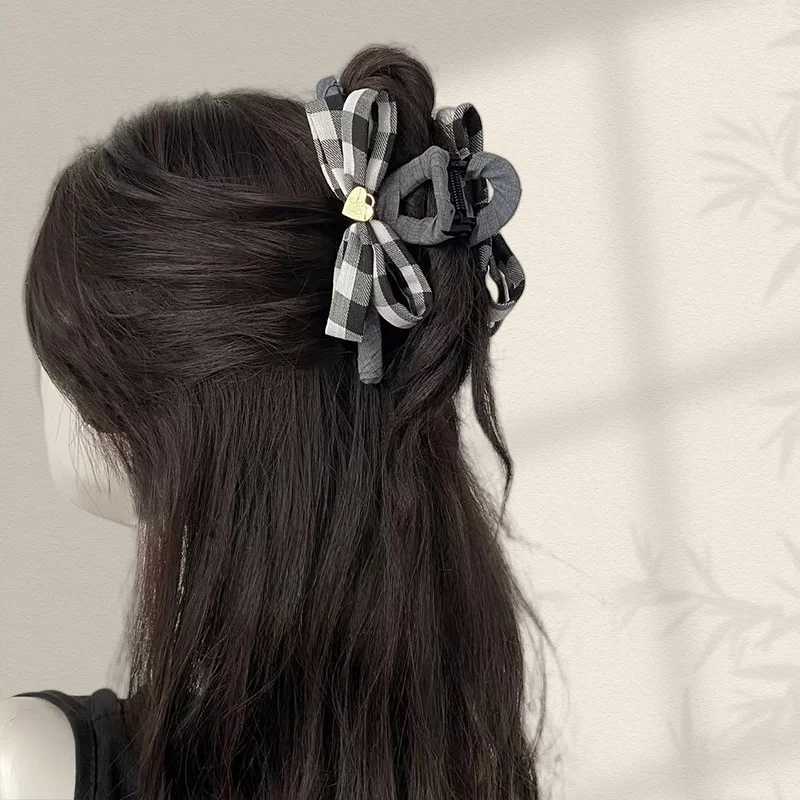 1PC Fashionable New Style Highgrade Suit Gray Handwrapped Fabric Shark Clip with Black and White Plaid Bowknot Claw ClipW251028