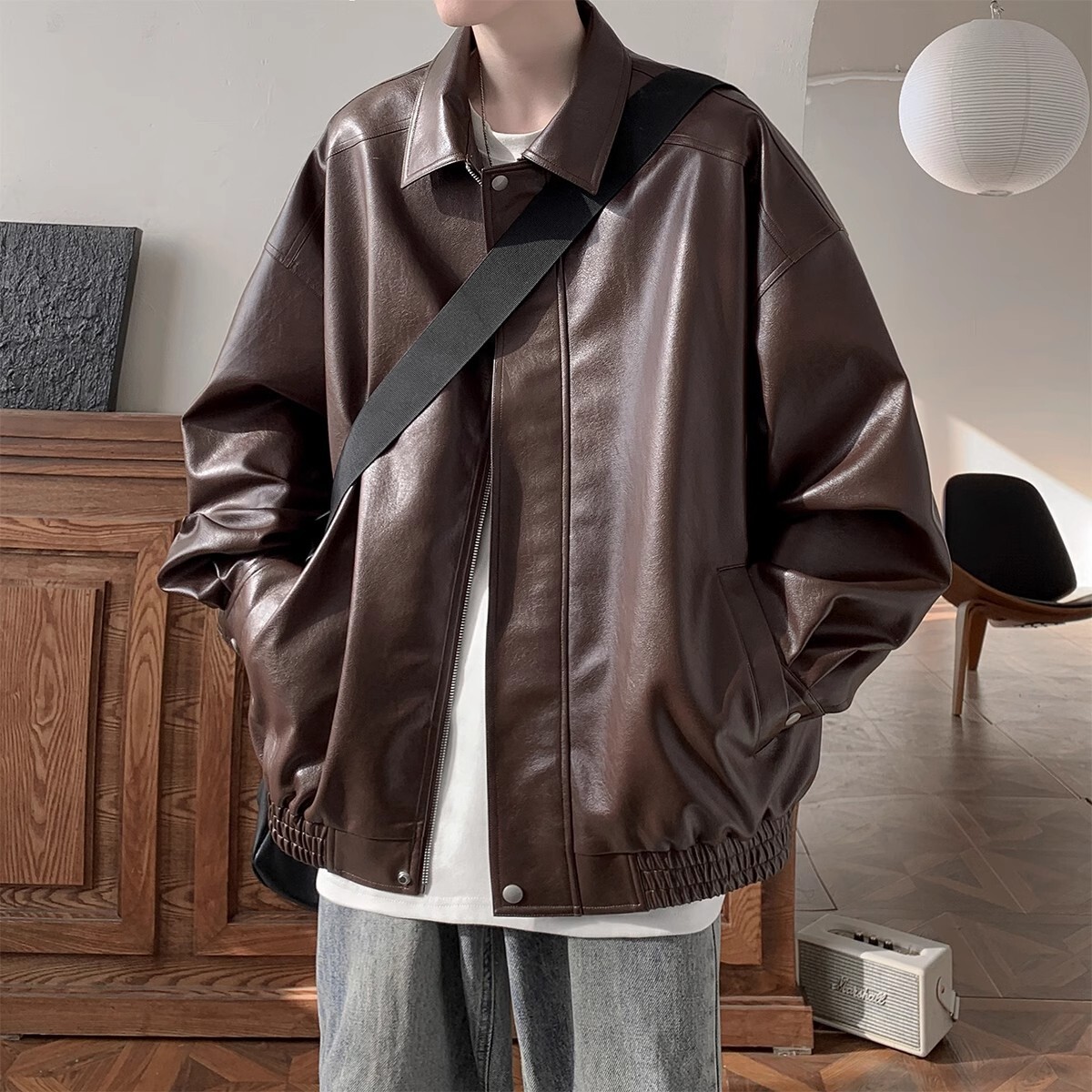 American Style Leather Jacket For Designer Jacket Men Autumn And Winter High-end Feel Cool And Trendy Brand Casual Loose PU Leather Turn-down Collar J