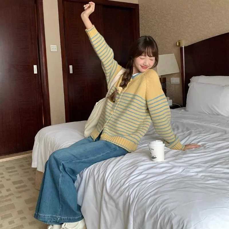 Women Clothes Spring Autumn Fashion Korean Button Striped Color Blocking Knitting Female Appear Thin Loose Cardigan Sweater CoatT251028